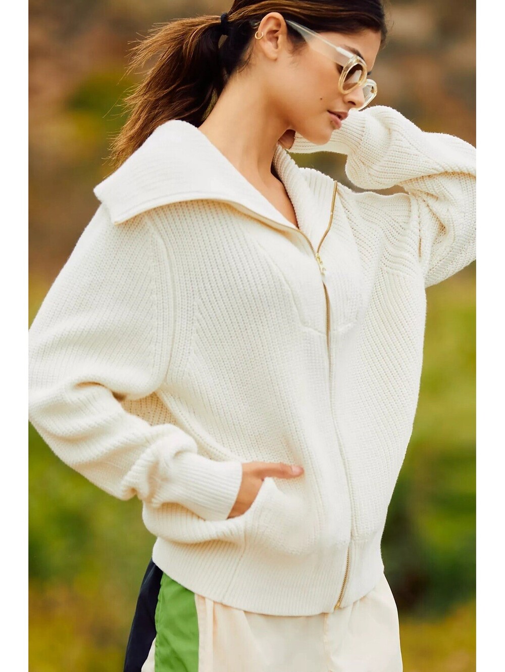 Varley Mayville Knit Full Zip Jacket Cream Size S Pockets Funnel Neck Cozy EUC